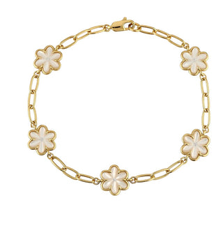 Our new 14k gold dipped Eadie bracelet with 5 mother of pearl flower stations and CZ center stones. 

7.5" length

