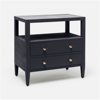 Two drawer nightstand in navy with one open air shelf. 