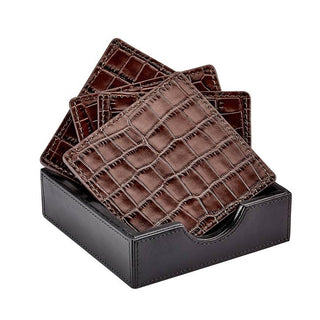 SQ Coasters in Leather Tray - Brown