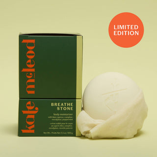 The Breathe Stone by Kate Mc Leod, a soothing chest rub with refreshing eucalyptus and peppermint that supports deeper breathing and relaxation on sick days. This natural vapor rub melts on contact and absorbs quickly for easy application—no sticky or greasy residue.