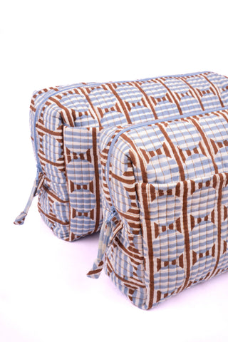Inner Child Striped Circles Blockprint Travel Pouch in Brown and Blue: Medium