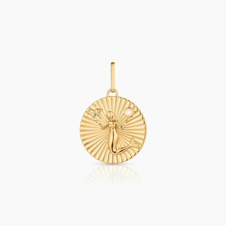 This mermaid coin balances a cz centered star and mother of pearl stone. 14k gold plated, hand carved mother of pearl, cubic zirconia. Charm dimensions: 22 mm x 1mm