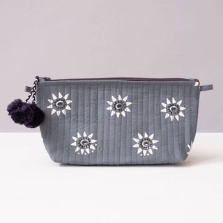 Graymarket Hand blocked cotton print makeup pouch, gray with black pom poms on the zipper and white sun pattern size 9x5x3.5”