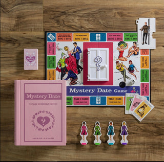 Mystery Date Vintage Bookshelf Edition Game by WS Game Company. 
This fabric wrapped book with integrated storage includes:
Vintage inspired graphics from the original 1965 edition Mystery Date
Game board with mystery door
48 Clothing/accessory cards
4 Pawns with stands
1 Die
Instructions