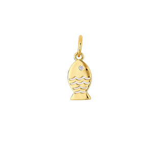 Mini Fish Charm by Asha.
14k gold dipped mini fish charm w/ ivory enamel detail with cz eye.

Fish .5"L plus .25" bail drop
