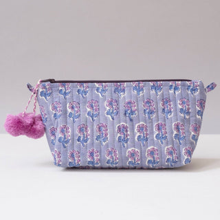 Hand blocked cotton printed makeup bag with pom pom by Graymarket Design, Size 9.5x5x3.5