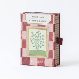 Roomytown deck of cards with botanical illustrations and  a checkered card front.