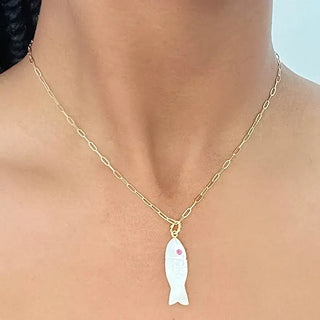 Amelia Rose Natural Stone Fish Charm Necklace-Mother of Pearl
