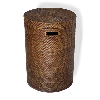 Matahari Woven brown laundry basket with a lid on a white background