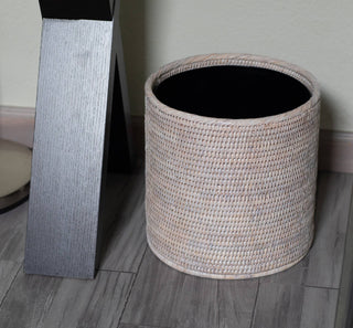 Artifacts Rattan Round Waste Basket with Metal Liner: White Wash