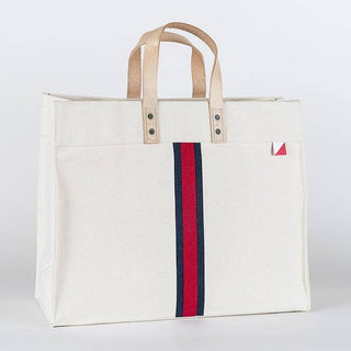 Striped Box Heavy Canvas Tote Bag with Leather Handles: Green Stripe
