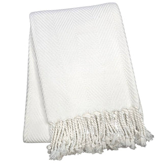 370 - Nantucket Herringbone Throw: Sand/White / Hand Knotted Fringe