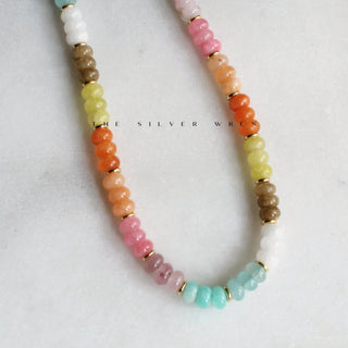 The Silver Wren Candy color beads make this a wonderful statement necklace.
Gorgeous, natural dyed jade, 5x8mm.
•Adorned with 14kt gold plated accents •Strung by hand on silk thread just for you Water friendly