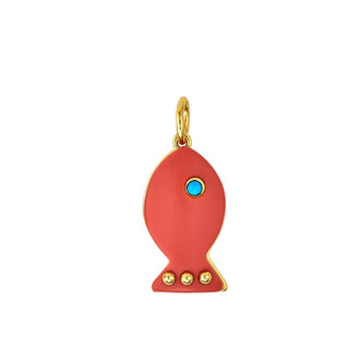 Asha 14k gold dipped Madaket fish charm with coral, a turquoise cab eye & gold dipped cabs. 
