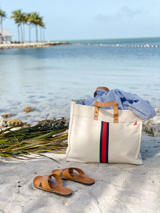 Striped Box Heavy Canvas Tote Bag with Leather Handles: Green Stripe