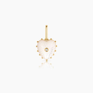 14k gold plated hand carved mother of pearl heart charm by Thatch. Measures: 15mm x 13mm x 4.5mm