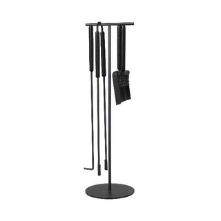Ashi Fireplace Tool Set -5 Pc with black handle.
The set includes the t-stand, tong, poker, shovel and brush. The wooden handles feature a strong built-in magnet that holds the tools securely to the stand when not In use.