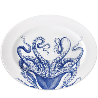 Caskata Lucy white serving tray with blue octopus design on a white background