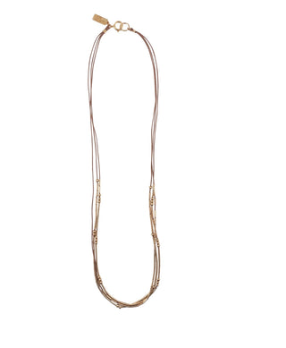 The Pictor necklace by Abacus Row.
 Triple stranded silk cord with gold tubes and rounds that shift freely. Length 15.5” 
Materials 14k gold-filled beads and findings, silk cord