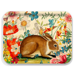 Birchwood rectangular tray by Caskata depicting wildflowers and a curious bunny. Dimensions: 16.5" L, 12.5" W 