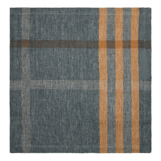 Modern Plaid Napkins Navy & Chestnut 20x20 with a textured slate blue-gray base, featuring a bold vertical stripe pattern in warm tan and brown with a subtle plaid grid.
