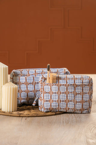Inner Child Striped Circles Blockprint Travel Pouch in Brown and Blue: Medium