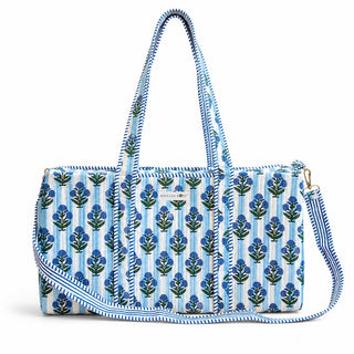 Quilted cotton duffel bag with a hydrangea print with strap by Amelia Rose. Size 20" W x 10" D x 10" H -2 exterior slip pockets -zip closure. 