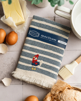 Striped towel with embroidered rooster by Olive & Loom. 100% Turkish cotton 