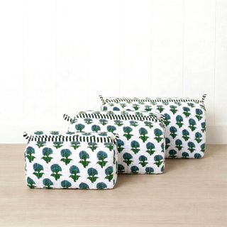 Set of 3 quilted hydrangea print cotton makeup cases by Amelia Rose (small is 5" W x 3.5" H, medium is 7.5" W x 4" H and large is 9" H x 5" W)