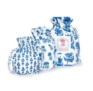 Set of 3 cotton printed drawstring travel bags by Maison Marigold.  Perfect for makeup or jewelry or even as a bag. 