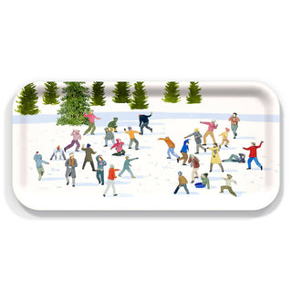 Birchwood rectangular tray by Caskata depicting a snowball fight.
 Size 11” L x 5” W