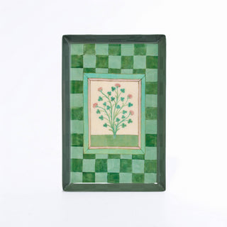 Roomytown rectangular enamel tray with a checkered front and an illustration of herbs.
H 6.7" X W 4.5"