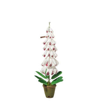 Paper Foxglove plant by The Green Vase with hand painted blooms and leaves in a beautiful aged terra cotta pot. Approximately 33” tall, 11” at widest point. Pot measures 5" high and 5.5" in diameter. Each piece is meant to be an impressionistic gesture capturing the spirit of the flower, and just like the real thing, no two will ever be alike.
