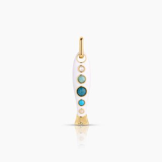 14k gold plated enamel fish charm with gemstone inlay and hinge clip by Thatch.