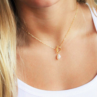 Toggle necklace with single pearl length 16”. 14k gold filled