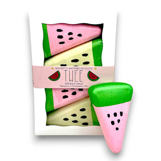 A box of Whitney's Watermelon Twee handmade sidewalk chalk is designed to look like watermelon slices.