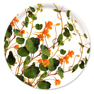 15.7” D round tray by Caskata with a nasturtium  flower print depicted on the tray. 
FSC-Certified Birchwood and BPA-free Melamine * Suitable for indoor or outdoor use. Care and Maintenance  hand-wash recommended