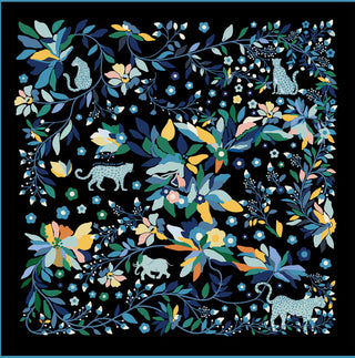 Night Jungle Reverie" is inspired by the mysterious jungle nightscape, featuring majestic animals amidst jungle plants. This scarf features the same pattern printed on both sides. 
Product details: 85% wool, 15% silk 
size 35"W x 35"L