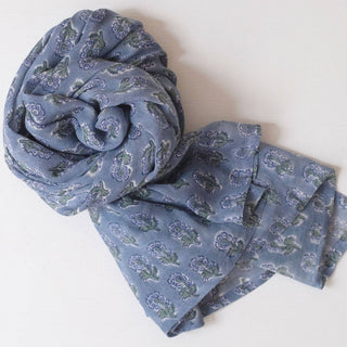Hand-block printed scarf by Graymarket Design with non-toxic, AZO-free dyes on the softest, gauziest cotton 
About 38" x 74" 100% Cotton Voile