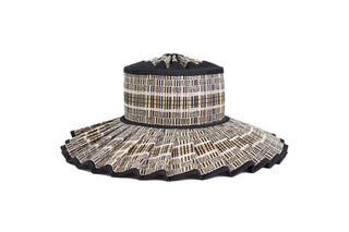 Woven printed hat with UPF 50 and foldable, compact for travel.
