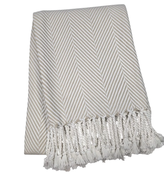 370 - Nantucket Herringbone Throw: Sand/White / Hand Knotted Fringe