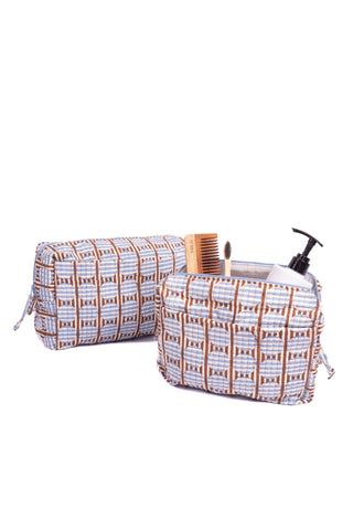 Inner Child Striped Circles Blockprint Travel Pouch in Brown and Blue: Medium