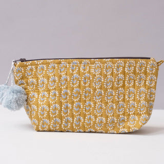 Block print makeup pouches with cotton inside. About 9" x 5" x 3.5"