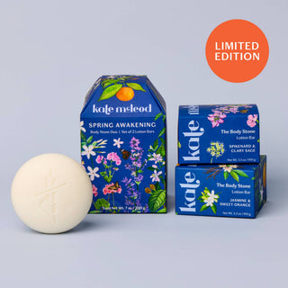 2 Two full size Kate MeLeod body stone and lotion bars.  Spikenard &amp; Clary Sage is earthy and centering—deep roots, soft florals, and calm herbal warmth. Jasmine & Sweet Orange is bright and blossoming—sunlit petals and the soft power of beginning again. Each waterless lotion bar melts on contact, gliding over dry skin and transforming into a luxurious body oil that leaves you soft, supple, and glowing. 