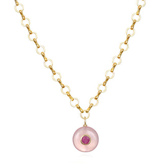 Natural rose quartz is set with bezeled pink sapphire and dangles from our favorite golden petite loop chain. Adjust from 17-19" for a slightly longer length that works beautifully with layered chokers. A mesmerizing combination of soft rose quartz and stunning pink sapphire. Please note that as a translucent stone, natural variations and detailing in rose quartz may result in slight variations stone to stone. 14k gold dipped sterling silver rose quartz pendant 14k gold plated petite loop chain 