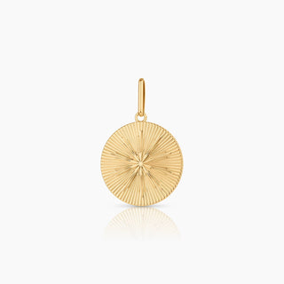 14k gold or rhodium plated sundial charm. Dimensions: 22mm x 1mm