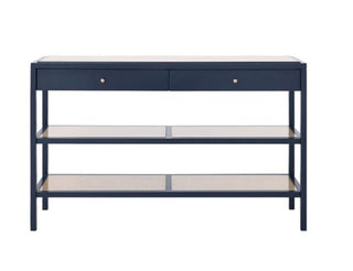 Our Caanan Collection console by Villa & House is made by combining lacquered wood with the relaxed touch of bleached cane, the collection is light, airy, and endlessly adaptable. Each of its three shelves is made of woven cane, and is topped with a durable piece of glass. The two top drawers boast polished brass pulls for extra flair. It's perfect for stacking books, storing necessities, or showing off decorative statues.

48w x 14.5d x 30h