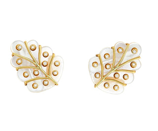 Helena Stud by Asha.
14k gold dipped mother of pearl leaf earring with CZ

.6"w x .8"h