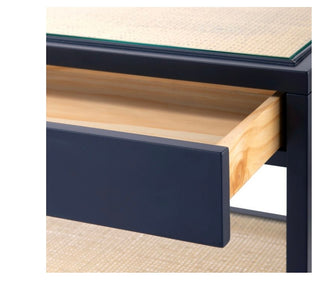 Canaan Glass Top Woven Cane Console Table- Midnight Blue