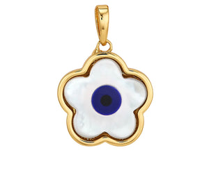 Navy Flower Evil Eye Charm by Asha.
14k gold dipped mother of pearl flower with navy center. Shown on our gold dipped Florence Chain *Chain sold separately.

17mmy 